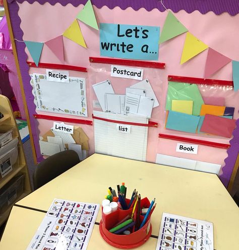 New ‘help yourself’ writing display to encourage the children to write for a purpose in free flow! They are especially loving writing princess party invitations to post in their friends special boxes 📝🎀 #reception #eyfs #eyfsteacher #eyfsclassroom #primaryteaching #eyfswriting Reception Writing, Writing Display, Writing Center Preschool, Ks1 Classroom, Reception Classroom, Classe Harry Potter, Princess Party Invitations, Writing Corner, Eyfs Classroom