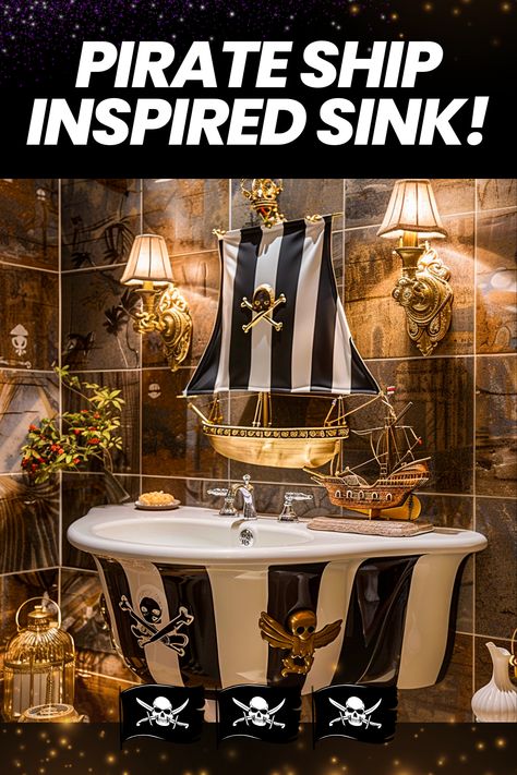 Ahoy, mates! Elevate your bathroom décor with our captivating pirate ship inspired sinks! ⚓️ From intricate detailing to functional design, discover the perfect blend of style and functionality. Explore our collection today! #PirateShipSink #BathroomInspiration #NauticalDecor #HomeDecor #SinkGoals Pirate Themed Bathroom, Pirate Ship Bed, Pirate Bathroom, The Jolly Roger, Captains Quarters, Porthole Mirror, Basin Design, Double Basin, Sink Design