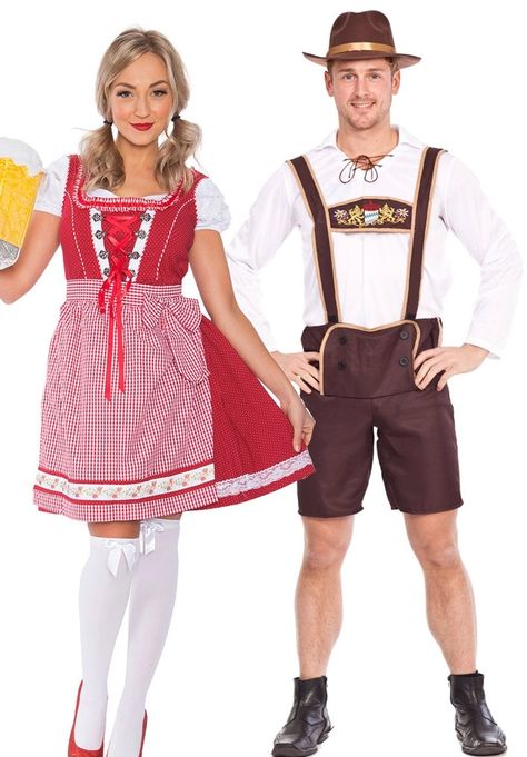 Couple Oktoberfest Wench Beer Maid German Lederhosen Costume Beer Costume, Lederhosen Costume, German Lederhosen, Beer Maid, Oktoberfest Costume, White Collared Shirt, Apron Dress, White Collar, Petticoat