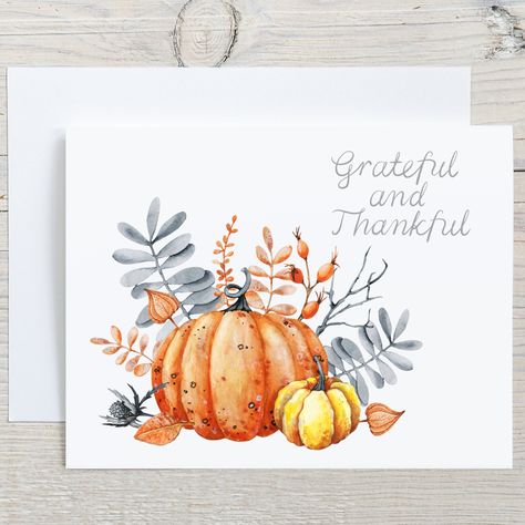 Grateful and Thankful! An Autumn watercolor pumpkins and Fall florals note card set for you. A simple, seasonal card set that can be used for many different Fall and Thanksgiving note worthy occasions! Share heartfelt sentiments, express gratitude, and make every occasion memorable, one handwritten note at a time! ESSENTIAL DETAILS: ◼ A2 size, 4.25" x 5.5" ◼ All my cards are printed on eco-friendly luxurious 100% cotton brilliant white cardstock. These superior cards have a tangible feel of unco Watercolor Thanksgiving Art, Watercolor Thanksgiving Cards Ideas, Simple Fall Watercolor Cards, Thank You Watercolor, Watercolor Thanksgiving Cards, Thanksgiving Watercolor Cards, Fall Watercolor Cards, Fall Cards Handmade Ideas, Thanksgiving Watercolor