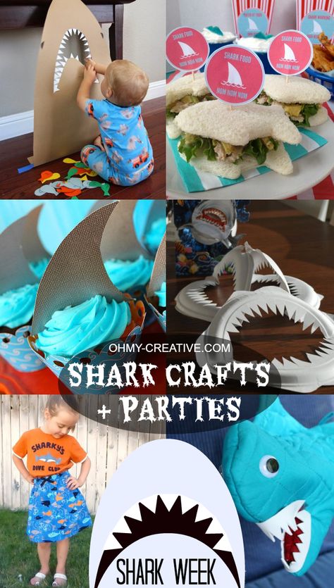 Shark Crafts & Parties - Shark Week  |  OHMY-CREATIVE.COM Shark Party Games, Shark Themed Food, Shark Party Foods, Shark Week Crafts, Shark Crafts, Shark Party Favors, Shark Week Party, Shark Games, Shark Craft