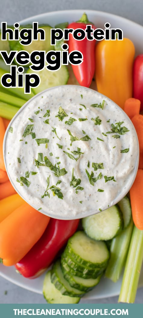 High Protein Veggie Dip is healthy and made in under 5 minutes! This greek yogurt dip is perfect for snacking on or serving at a party. No sour cream or cream cheese needed in this low calorie, keto friendly dip. Healthy Veggie Dip Greek Yogurt, Homemade Healthy Veggie Dip, Low Calorie Veggie Dip Recipes, Health Party Food Ideas, Garden Vegetable Dip, Veggie Tray And Dip, Low Carb Vegetable Dip, Veggie Dips Healthy, Easy Low Carb Appetizers For A Party