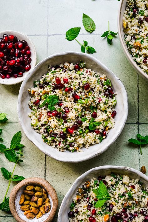 Fluffy couscous, juicy pomegranate seeds, and fresh herbs pair together perfectly to make this fall-inspired Pomegranate Couscous Salad. It's easy to prepare and makes for a filling lunch or dinner side dish. Pomegranate Couscous, Couscous Salads, Backyard Hosting, Pomegranate Recipes Salad, Hosting Recipes, Bridesmaids Luncheon, Couscous Salad Recipes, Moroccan Couscous, Crowded Kitchen