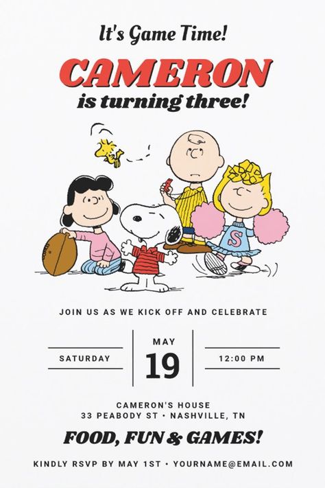 Peanuts Gang | Football Birthday Invitation
Invite all your family and friends to your Birthday Party this year with these super cute Peanuts invitations featuring all your favorite characters! Personalize by adding all your party details! Peanuts Gang Birthday Party, Peanuts Birthday Party, Football Birthday Party Invitations, Snoopy Birthday Party, Football Birthday Invitations, Movie Invitation, Peanuts Birthday, Snoopy Party, Snoopy Birthday