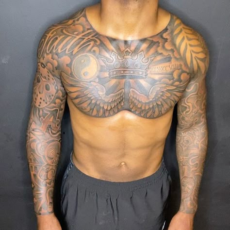 Name: JAMES x JT on Instagram: “🤯 FULL SLEEVE x FULL CHEST in one session😳#DOPEINKGETADDICTED Other sleeve fully healed💉” Full Sleeve And Chest Tattoos Mens, Chest Ideas Tattoo, Whole Chest Tattoo For Men, Chest Piece Tattoos Mens Black, Cloud Chest Tattoo Men, Chest Sleeve Tattoo Men, Chest Tattoo Black Men, Black Men Chest Tattoos, Cool Chest Tattoos Men