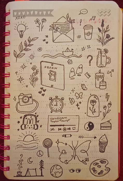 doodles aesthetic Doodles For Your Journal, Hand Drawn Calendar Ideas, Small Easy Doodles Aesthetic, Scrapbook Drawing Ideas Doodles, Cute Doodle Page, Aesthetic Simple Doodles, Junk Journal Doodles, Things To Doodle In Your Sketchbook, Diary Doodles Ideas