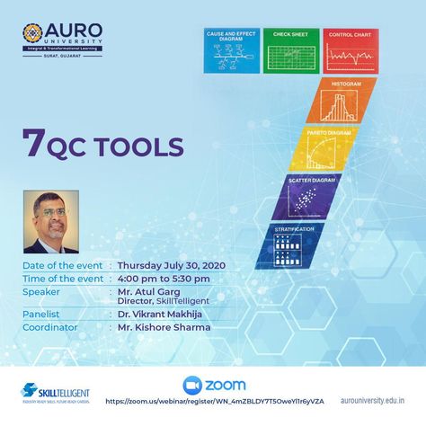 Register here- https://zoom.us/webinar/register/WN_4mZBLDY7T5OweYl1r6yVZA  Looking to deal with all the quality-related issues on your own? Get knowledge of the 7 Basic Quality Tools. Auro University presents a webinar on '7 QC Tools' on July 30th at 4:00 PM. Our speaker will be Mr. Atul Garg, Director, SkillTelligent. Enhance your skillset with this informative webinar.   #QualityCheck #QualityControl #Quality #Tools #BasicTools #TopUniversity #BestUniversity #AuroUniversity Best University, Top Universities, Basic Tools, Cause And Effect, Speaker, University, Tools