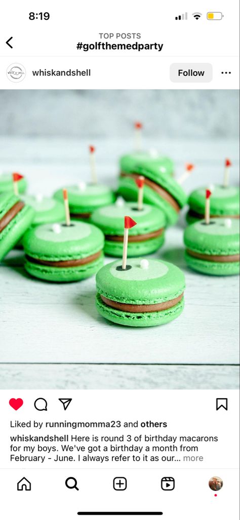 Golf Theme Party Desserts, Putts Pearls And Polka Dots Golf, Golf Macaron, Masters Party Food Ideas, Golf Party Drinks, Golf Dessert Table, Masters Party Golf, Hole In One Dessert Table, Golf Party Themed Food