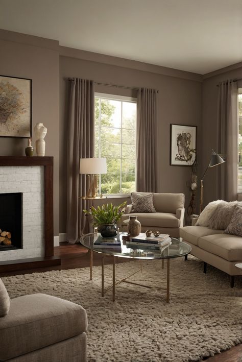 Unleash the elegance with Tavern Taupe SW 7508, the sophisticated taupe shade that's a must-have in every interior designer's routine. Explore the 2024 edition's latest decor trends now! #Ad #homedecor #homedesign #wallpaints2024 #Painthome #interiorarchitecture Wall Colors Green Living Room Colors Bright Living Room Colors Apartment Renovation Living room Remodeling Modern Paint Colors 2024 Taupe Sitting Room, Brown Wall Color Ideas, Sw Tavern Taupe, Taupe Color Living Room, Sofisticated Living Room, Taupe Wall Color Living Room, Smokey Taupe Benjamin Moore Living Rooms, Brown Painted Living Room, Taupe Accent Wall Living Room