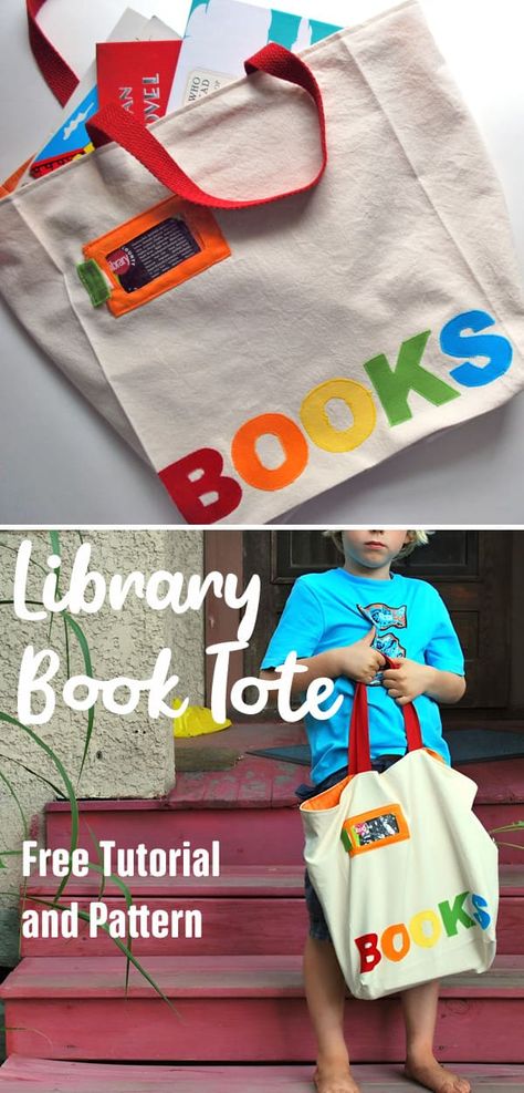 Library Book Tote Tutorial and Pattern Library Bag Diy, Library Bag Pattern, Library Book Bags For Kids, Library Bags For Kids, Diy Bags Easy, Library Card Holder, Book Bags For Kids, Library Bags, Library Book Bag