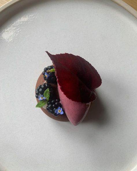 Blueberry Ideas, Chocolate Leaf, Yoghurt Ice Cream, Ice Cream Plating, Blackberry Leaf, Blackberry Ice Cream, Blackberry Dessert, College Recipes, Dark Chocolate Desserts