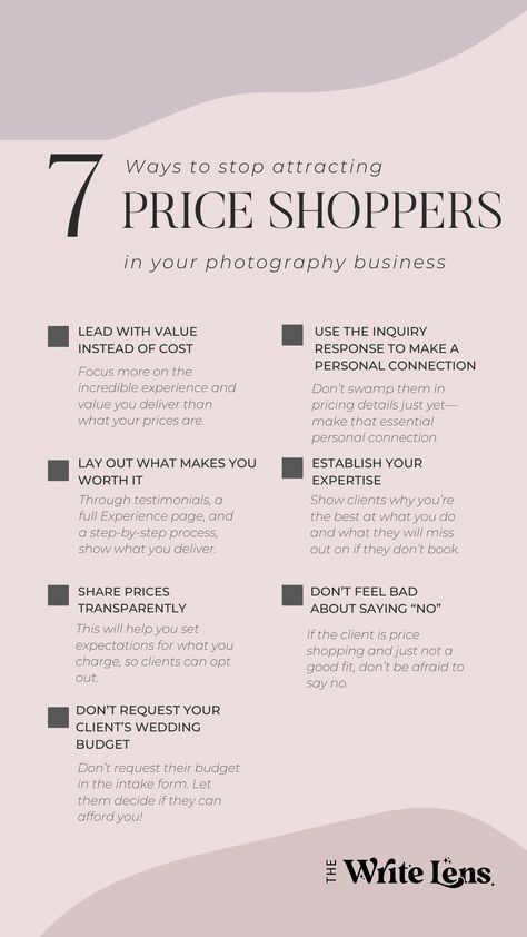 7 ways to stop attracting price shoppers in your wedding photography business Photographer Social Media Post Ideas, Photography Services List, Social Media Posting Schedule For Photographers, How To Start A Photography Business, Photography Business Names, Photography Business Checklist, How To Promote Your Photography Business, Photography Marketing Ideas, Starting Photography Business Checklist