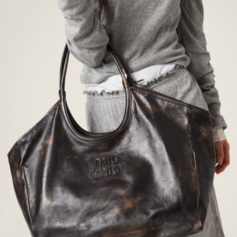 Sand/coffee Leather Tote Bag | Miu Miu Leather Lettering, Lettering Logo, Leather Tote Bag, Miu Miu, Leather Tote, Zipper Pocket, Handles, Tote Bag, Zipper