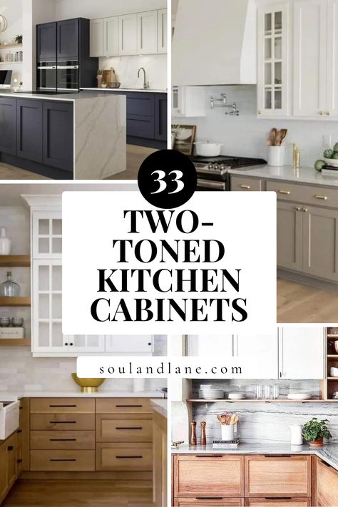 Embrace color harmony with chic two-toned cabinet ideas that will refresh your kitchen's look. Explore how to masterfully blend colors and textures for a balanced and inviting kitchen aesthetic. Learn tips for selecting complementary shades that enhance both the spaciousness and coziness of your cooking space. Whether it's a subtle difference between upper and lower cabinets or a striking contrast that defines the kitchen island, these two-toned inspirations are your guide to a fashionable and f Two Tone Kitchen With Pantry Cabinet, Painted Lower Cabinets White Upper, Kitchen Cabinet Color Ideas With Island, Light Lower Cabinets Dark Upper, Two Toned Galley Kitchen Cabinets, Two Tone Kitchen Cabinets Brown And White, Darker Lower Kitchen Cabinets, Linen Color Kitchen Cabinets, Unstained Kitchen Cabinets