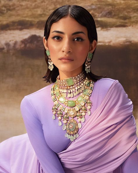 Draped in the colors of dawn, each gem and pearl is a promise of new beginnings. This ensemble isn't just an accessory; it's the dawn of a new narrative. #Polki #PolkiJewellery #Bholasons #BholasonsJewellers #IndianJewellery #JewelleryDesign Pearl Jewellery Indian, Indian Pearl Jewellery, Astha Narang, Sarees Design, Best Indian Wedding Dresses, Wedding Jewellery Designs, Simple Saree Designs, Indian Accessories, Indian Outfits Lehenga