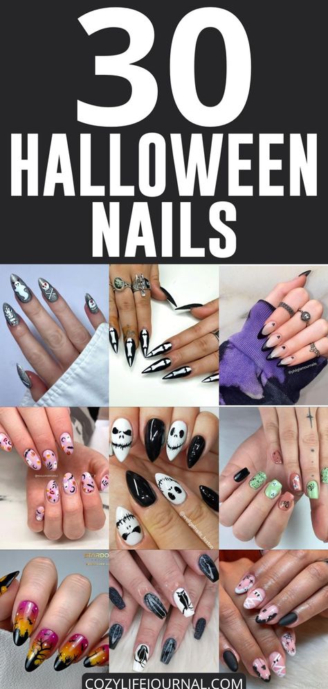 Collage of creative Halloween-themed nail designs with various spooky patterns and colors. Spooky Nail Designs, Spooky Halloween Nails, Spooky Nail, Pumpkin Patch Party, Scream Halloween, September Nails, Cute Ghosts, November Nails, October Nails