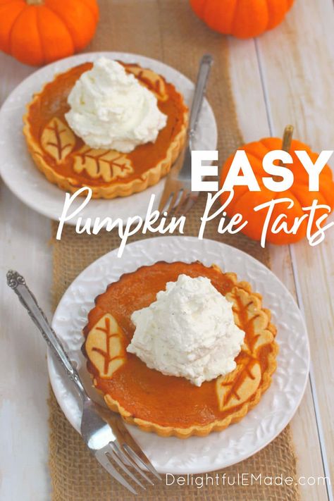 Pumpkin Pie Tarts - Pumpkin Tarts - The PERFECT Thanksgiving Dessert! Pumpkin Tarts Recipe Easy, Individual Pumpkin Desserts, Pumpkin Pie Tarts, Pumpkin Tarts Recipe, Tarts Dessert, Whipped Cream Pie, Pie Inspiration, Pumpkin Tart, Easy Tart Recipes