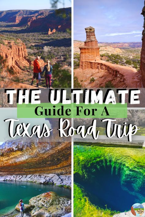 4 different pictures of beautiful stops in texas along a road trip: Hamilton Pool, Jacobs well, Palo Duro State Park and Caprock Canyon State Park Family Camping Hacks, Roadtrip Ideas, Texas Aesthetic, Road Trip Stops, Texas Road Trip, Texas Travel Guide, Explore Texas, Texas Adventure, Texas Vacations