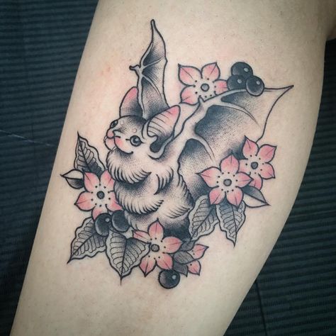 🦇🌸 baby bat #girlytattoos #legtattoo #tattoo #battattoo #neotraditional #neotraditionaltattoo #flowertattoo #cute Halloween Girly Tattoos, Traditional Tattoo Flowers, Pumpkin Tattoo, Bat Tattoo, Traditional Tattoo Sleeve, Witch Tattoo, Fire Tattoo, Spooky Tattoos, Sternum Tattoo