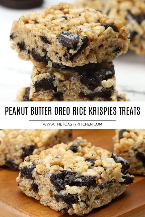 Peanut butter oreo rice krispies treats by The Toasty Kitchen. Peanut butter oreo rice krispies treats combine the classic pairing of chocolate and peanut butter into an easy, no-bake dessert. Have a batch ready in less than 30 minutes! #desserts #nobakedesserts #ricekrispiestreats Peanut Butter And Chocolate Rice Krispie Treats, Rice Krispie Treats With Peanut Butter And Chocolate, Rice Krispie Treats Ideas, Peanut Butter Oreo Rice Crispy Treats, Rice Crispy Treats Peanut Butter Chocolate, Oreo Rice Crispy Treats, No Bake Chocolate Peanut Butter Rice Crispy Bars, Oreo Rice Krispies, Oreo Rice