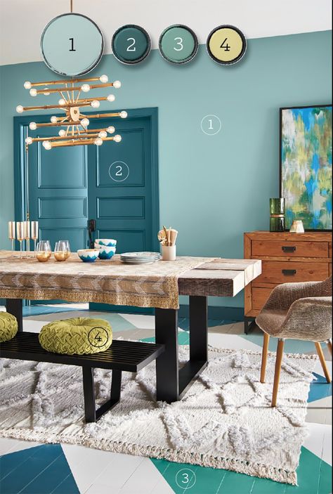 Blues and greens are a foolproof combo because they neighbor each other on the color wheel. Shown here, Behr Paint's Polished Aqua (walls), Wanderlust (doors and trim), Jade Dragon (accent), That’s My Lime (accent). Colonial Modern, Aqua Walls, Wood Stains, Behr Paint, Paint Companies, Yellow Walls, Grey Walls, Wall Color, Room Colors