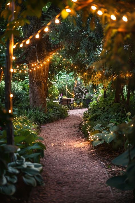 Whimsical Garden Escapes: Outdoor Decor Ideas to Transform Your Space - Quiet Minimal Magical Forest Backyard, Fairy Outdoor Decor, Magical Gardens Backyard, Woods Garden Ideas, Pathway In Forest, Enchanted Forest Garden Ideas, Woodsy Yard Ideas, Green House Garden Ideas, Backyard Forest Ideas