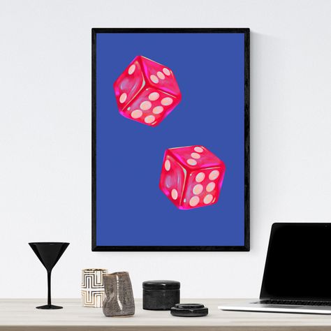 Dice Painting Canvas, Dice Painting, Dice Art, Bar Cart Art, Tattoo Signs, Office Poster, Cocktail Art, Rhinestone Art, Trendy Art