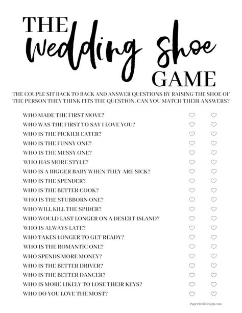 Use this wedding shoe game with instructions and questions. Print extra so that your wedding guests can play along too. #papertraildesign #Weddingshoegame #freeweddinggame #printableweddinggame #weddingshowergame #bridalshowergame Wedding Show Game, Wedding Games Beach, Wedding Guest Photo Challenge, Bridal Shower Games Shoe Game, Shoe Games For Wedding, Wedding Guess Who, Bridal Shower Couple Questions, Couples Shoe Game, Show Game Wedding