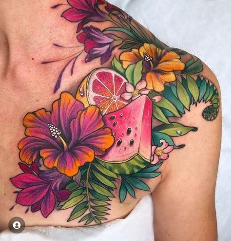 Jungle Back Tattoo, Tropical Flower Tattoos, Watermelon Tattoo, Montreal Tattoo, Jack Skellington Tattoo, Jungle Tattoo, Tropical Tattoo, Collarbone Tattoo, Fruit Tattoo