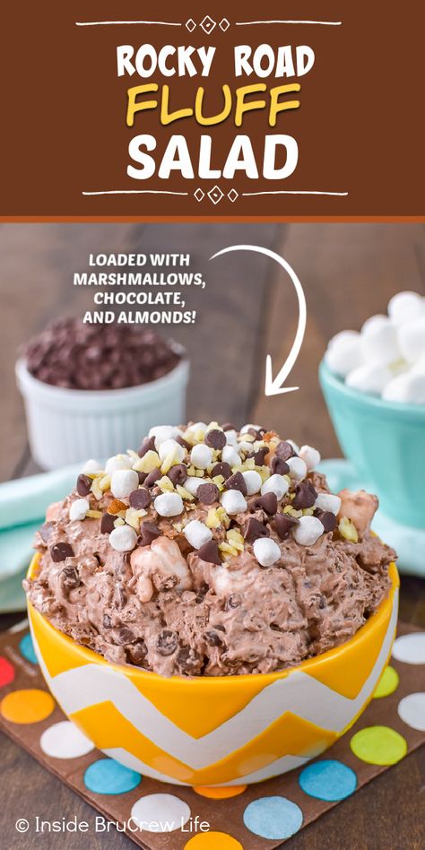 A white and yellow bowl filled with an easy chocolate mousse loaded with almonds, marshmallows, and chocolate chips. Rocky Road Pudding, Rocky Road Fluff Salad, Rocky Road Dessert Recipes, Rocky Road Fluff, Rocky Road Desserts, Chocolate Fluff Dessert, Teacher Snacks, Chocolate Fluff, Chocolate Salad