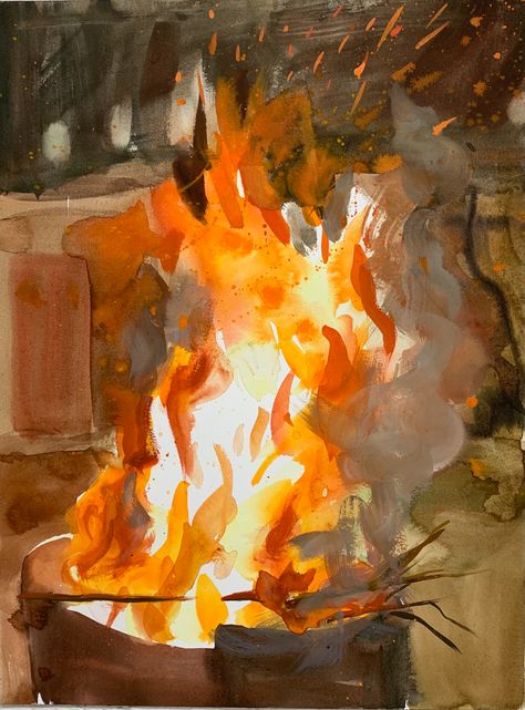 Fire Painting Reference, How To Paint Fire Watercolor, Paintings Of Fire, How To Paint Fire, Watercolour Fire, Arson Aesthetic, Fire Paintings, Fire Watercolor, Fire Illustration