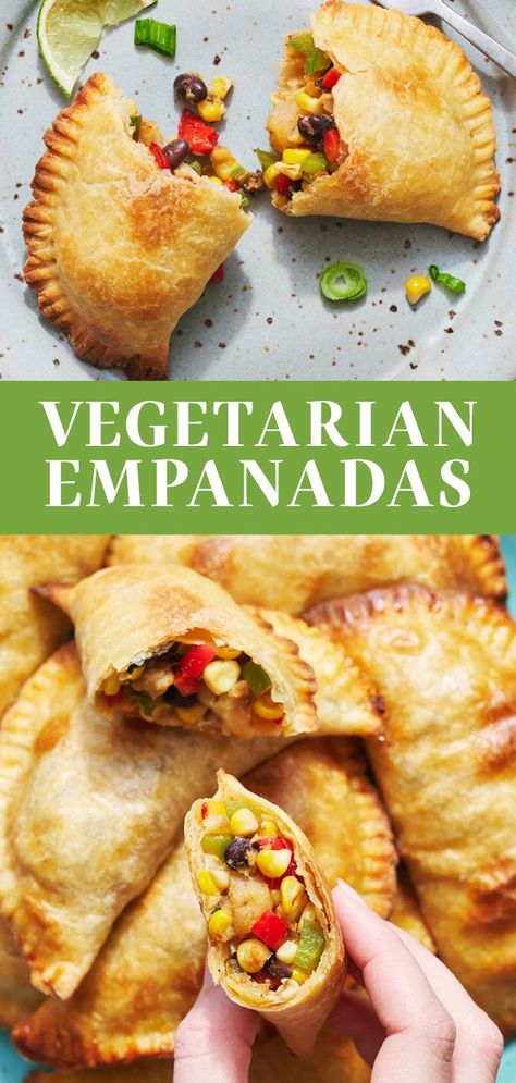 These homemade Vegetarian Empanadas are made with a super easy dough and are filled with black beans, corn, potatoes, veggies, and flavorful spices. Perfect snack or side dish for serving a crowd. Baked, not fried! #vegetarianempanadas #empanadas Veggie Empanadas Filling, Empenada Recipe Vegetarian, Vegetable Empanada Filling, Bean Empanadas Recipe, Empanadas Sweet Potato, Black Bean And Corn Empanadas, Tofu Empanadas Recipe, Empanadas Recipe Vegan, Empanadas Side Dish