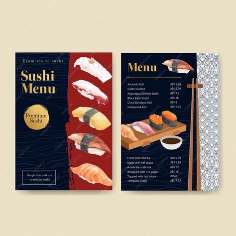 Premium Vector | Menu template with premium sushi concept,waterolor style Sushi Menu Design, Avocado Roll, Sushi Menu, Salmon Sushi, California Roll, Tempura, Menu Template, Menu Design, Rice Paper