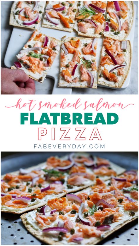 Salmon Flatbread Pizza, Smoked Salmon Flatbread, Salmon Flatbread, Flatbread Pizza Recipe, Smoked Salmon Pizza, Brunch Pizza, Hot Smoked Salmon, Flatbread Pizza Recipes, Salmon Pizza