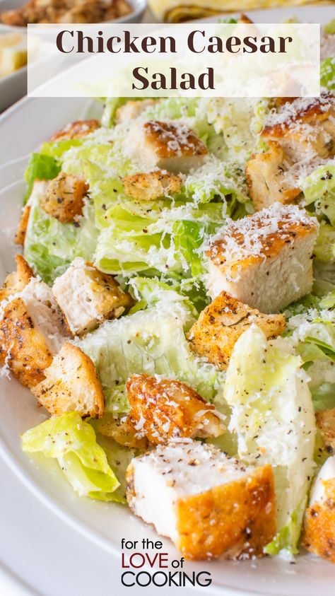 This easy chicken Caesar salad recipe features juicy chicken, crisp romaine, tasty homemade croutons, garlicky Caesar dressing, and tons of parmesan cheese.  New Recipe ~ Chicken Caesar Salad  Link: https://fortheloveofcooking.net/recipe/chicken-caesar-salad  #recipe #caesarsalad #chickenrecipes #saladrecipe #salads #chickencaesarsalad #quickrecipes #easymeals #saladlovers Caesar Chicken Salad, Chicken Caesar Salad Recipe, Caesar Chicken, Romaine Salad, Easy Chicken Breast, Caesar Salad Recipe, Chicken Caesar, Croutons Homemade, Chicken Caesar Salad