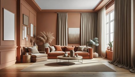 terracotta and greige living room Terra Cotta Living Room, Greige Living Room, Terracotta Walls, Interior Colors, Roof Colors, Blue Curtains, Grey Dining, Mediterranean Homes, Beige Walls