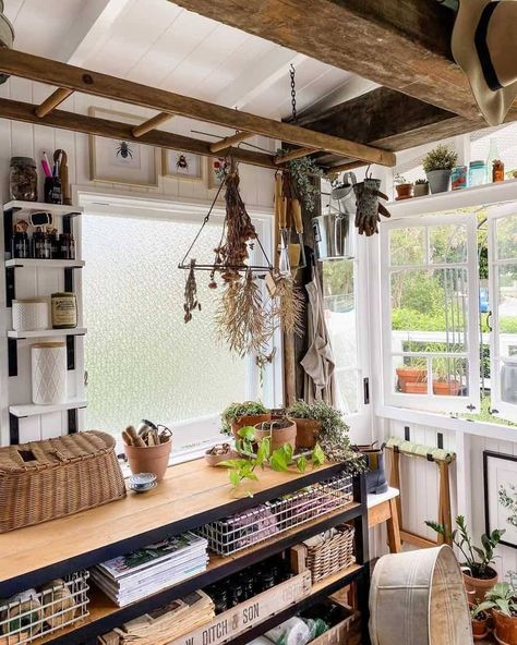 Vintage Shed Interiors, Garden She Shed Interior, Inside She Sheds Interiors, She Shed Shop Ideas, Shed Business Design, Potting Room Ideas, She Shed Potting Shed, She Shed Flower Shop, She Shed Furniture Ideas