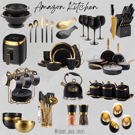 Black and gold kitchen decor from Amazon Black And Gold Kitchen Decor, Black Kitchen Utensils, Gold Kitchen Decor, Purple Kitchen Accessories, Black Kitchen Accessories, Black And Gold Kitchen, Decor From Amazon, White And Gold Decor, Gold Kitchen Accessories