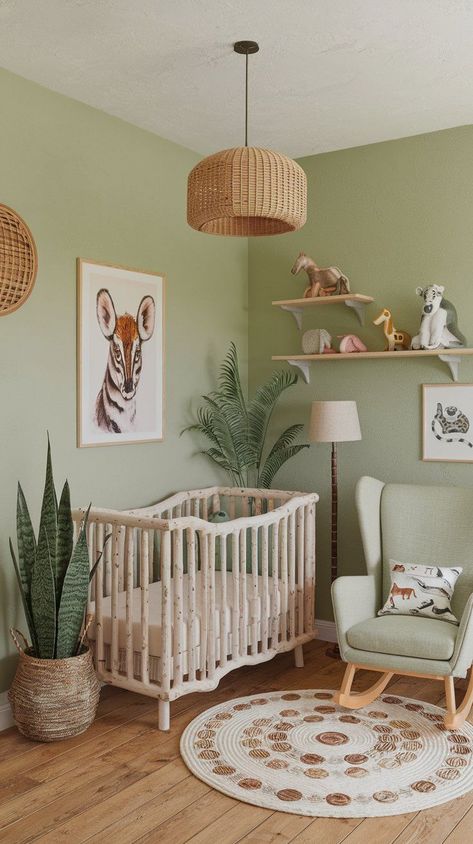 green walls, drift wood crib and rocking chair, plants around the corner and rattan lamps. forest safari neutral baby nursery Fish Tank In Nursery, Gender Neutral Green Nursery, Gender Neutral Nursery Green, Nursery Ideas Green, Nursery Themes Boy, National Park Themed Nursery, Born To Be Wild Nursery, Zoo Themed Nursery, Nursery Ideas Gender Neutral