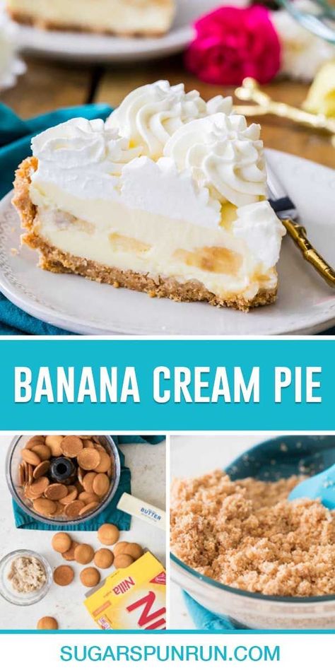 How to make THE perfect Banana Cream Pie! My recipe is made with a creamy vanilla pudding, flavored with a thick layer of bananas, served on a crisp vanilla wafer crust and topped off with a fluffy crown of homemade whipped cream! Recipe includes a how-to video! Banana Cream Pie Recipe With Pudding And Vanilla Wafers, Banana Cream Pie With Vanilla Wafers, Banana Cream Pie Vanilla Wafers, Vanilla Wafer Crust Recipe, Vanilla Banana Pudding, Banana Cream Pie Recipe With Pudding, Vanilla Wafer Banana Pudding, Homemade Banana Cream Pie, Banana Pudding Pies