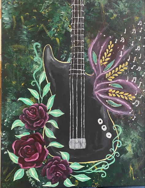 Rock And Roll Painting, Guitar Painting On Canvas, Guitar Paintings Acrylic, Acrylic Guitar Painting, Guitar Oil Pastel, Guitar Art Painting, Guitar Acrylic Painting Canvases, Guitar Art, Guitar