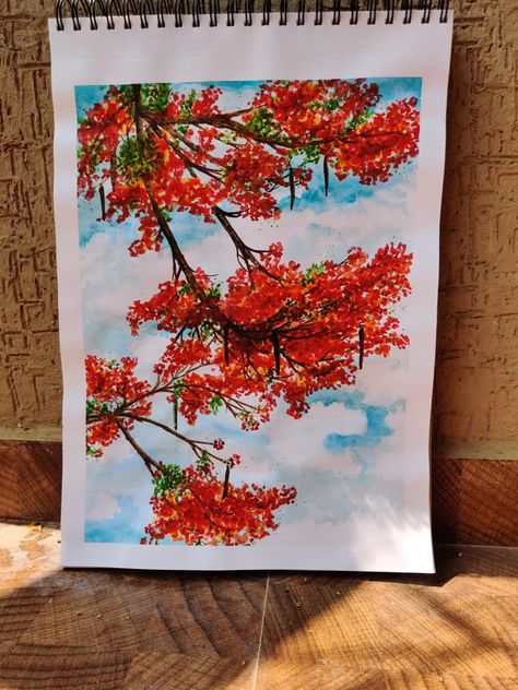 Watercolor painting of gulmohar tree in Bangalore, india Gulmohar Drawing, Gulmohar Tree Painting, Gulmohar Flowers Painting, Gulmohar Painting, Gulmohar Flowers, Gulmohar Tree, Garage Mural, Mother Painting, Heart Anatomy