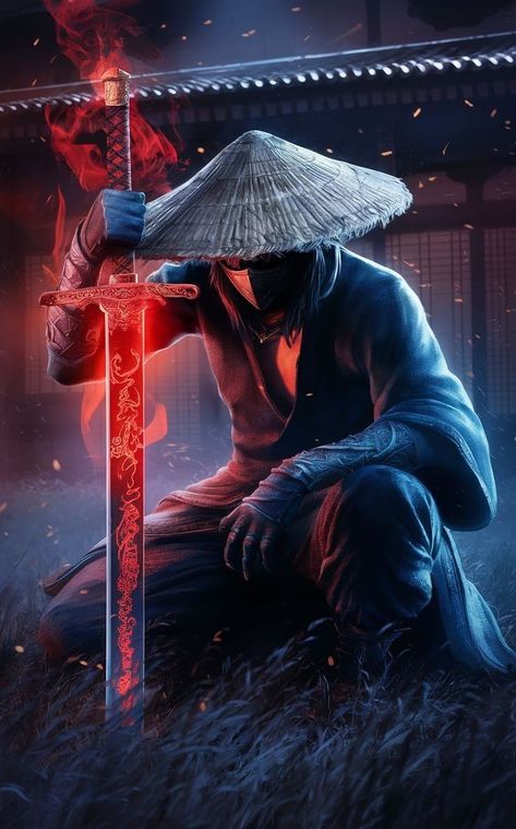 Samurai Kneeling, Black Samurai Art, Foggy Field, Samurai Design, Cool Lock Screen Wallpaper, Samurai Warrior Tattoo, Samurai Ninja, Ninja Wallpaper, Japanese Art Samurai