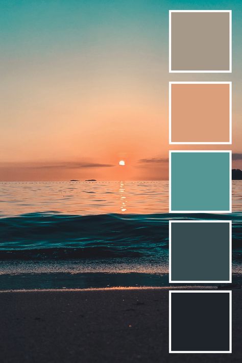 Summer Bedroom Ideas Beach Themes, Tropical Oasis Color Palette, Sunset Beach Palette, Beach Tones Colour Palettes, Color Palette Nautical, Beach Resort Color Palette, Beach Sunrise Color Palette, Sunset Ocean Color Palette, Surfer Color Palette