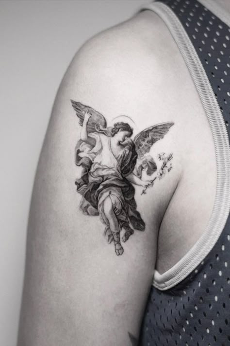 angel realistic holy tattoo black and white Rome Tattoo, Archangel Tattoo, Men Tattoos, Hip Tattoos Women, Chest Piece Tattoos, Greek Tattoos, Tattoo Project, Angel Tattoo, Tattoos Gallery