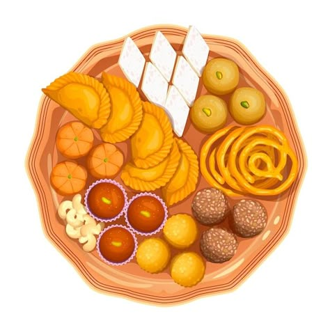 Indian Sweets Illustration Art, Diwali Sweets Illustration, Diwali Food Illustration, Mithai Illustration, Indian Sweets Illustration, Indian Sweets Drawing, Indian Sweets Aesthetic, Bengali Foods, Indian Stickers