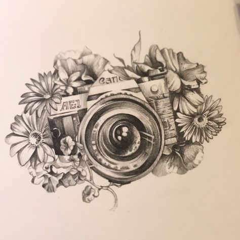 Floral Camera Tattoo, Camera Flower Tattoo, Vintage Drawing Ideas, Camera Tattoo Ideas, Vintage Camera Tattoos, Scott Tattoo, Rome Tattoo, Camera Tattoo Design, Earthy Tattoos