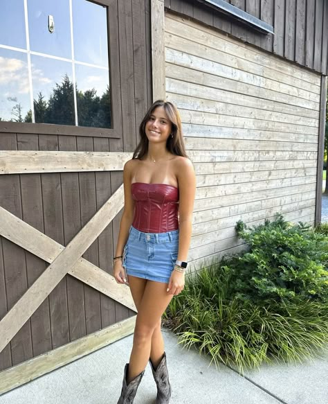 Rodeo Carnival Outfits, Rodeo Outfits Denim Skirt, Tennessee Outfit Ideas, Country Frat Party Outfit, Stagecoach Outfits Women, Role Model Tucker Concert Outfit, Rock The South Outfit Ideas, Sundress Concert Outfit, Stormie Goldsmith Outfits