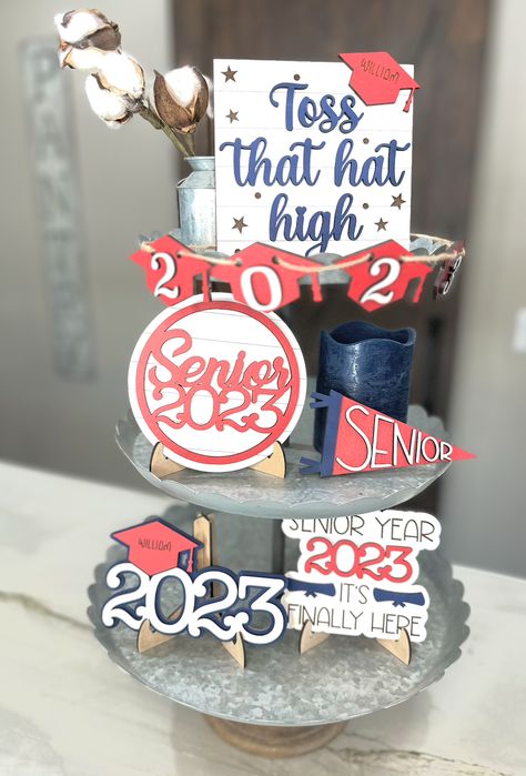 Make your new grad's day special with custom name and year decor, includes stands. Perfect for tiered trays or tabletop displays. Grad Decor, Senior 2023, Graduation Signs, Graduation Theme, Tiered Trays, Table Top Display, Wood Blocks, Tiered Tray, Graduation Party