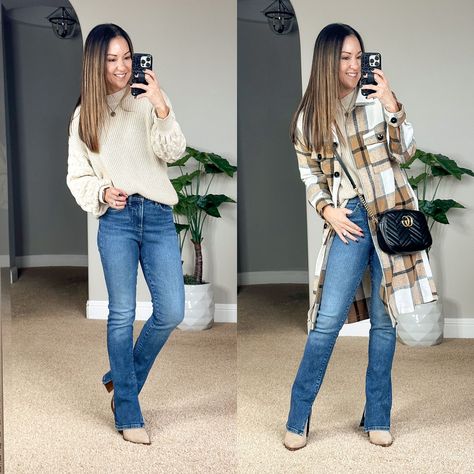 Shop My Reels & TikTok's - Everyday Holly Express Skyscraper Jeans, Skyscraper Jeans Outfit, Everyday Holly, Amazon Sweater, Plaid Shacket, Coffee Sweatshirt, Gucci Crossbody, Cozy Loungewear, Quilted Crossbody Bag